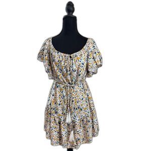 Women's Large White Floral Cynthia Rowley Flowy Mini Tie Back Braided Belt Dress